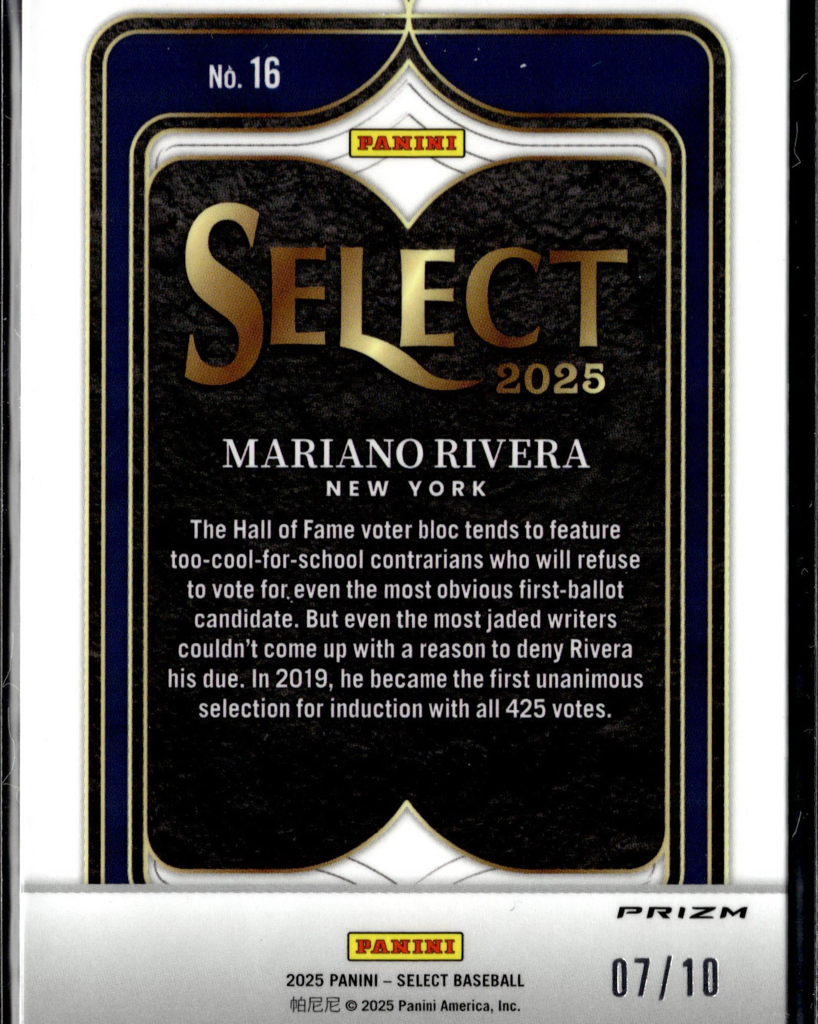 2025 Panini Select #16 Mariano Rivera Select Numbers Gold Prizm #/10