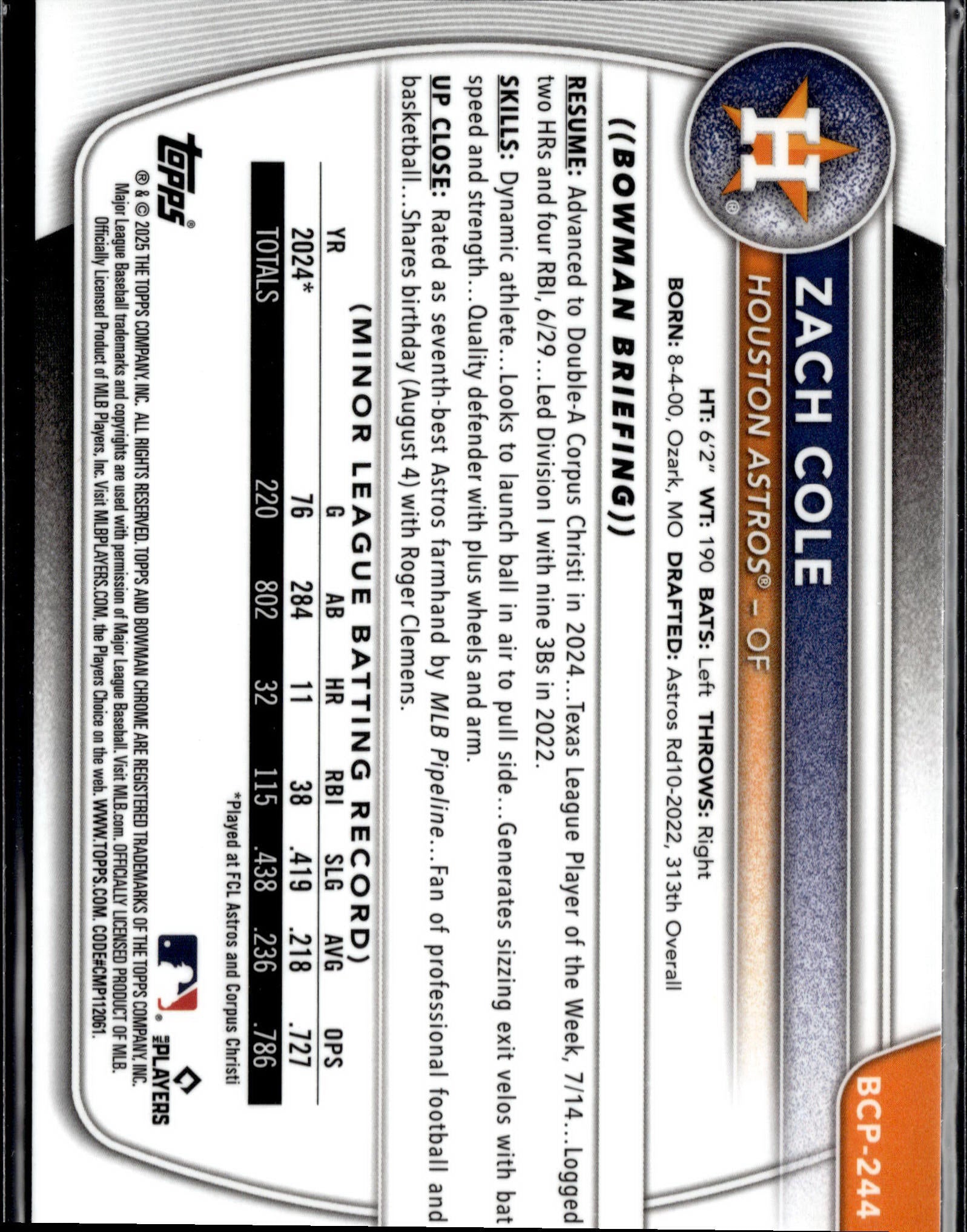 2025 Bowman Chrome Zach Cole Prospects Blue Pulsar #/150