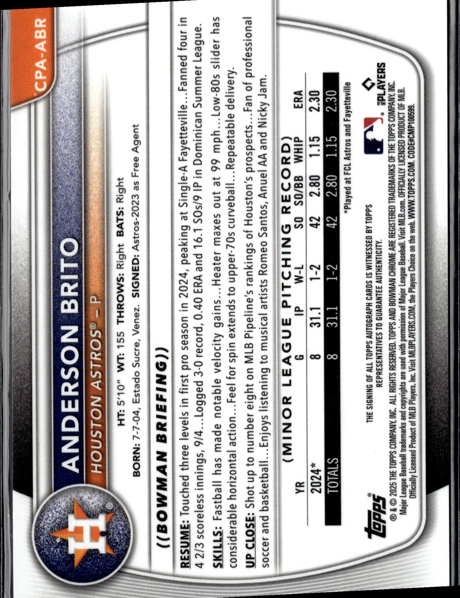 2025 Bowman Chrome Anderson Brito Prospect Autographs Gold #/50