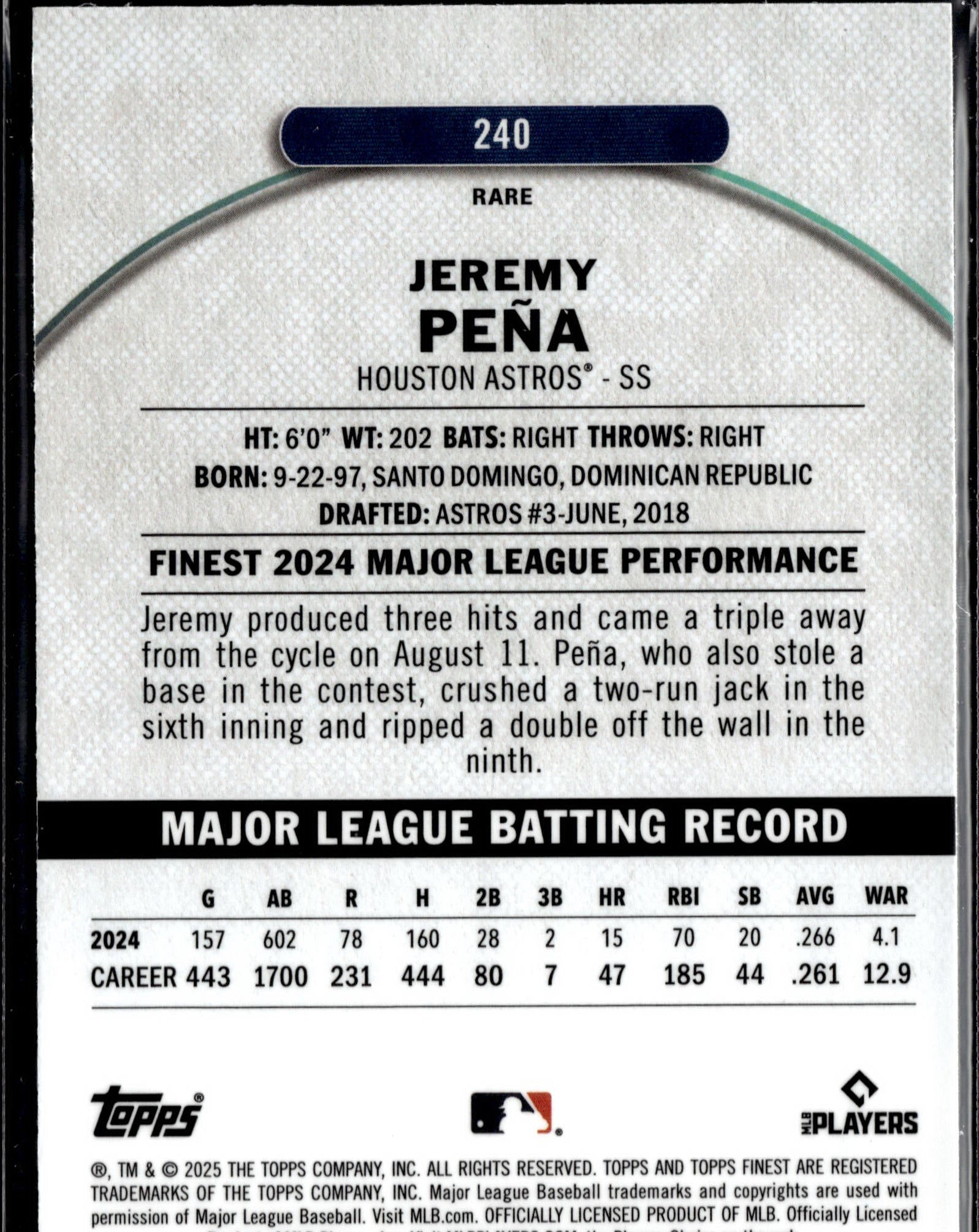 2025 Finest #240 Jeremy Peña Rare Blue 95/99-2