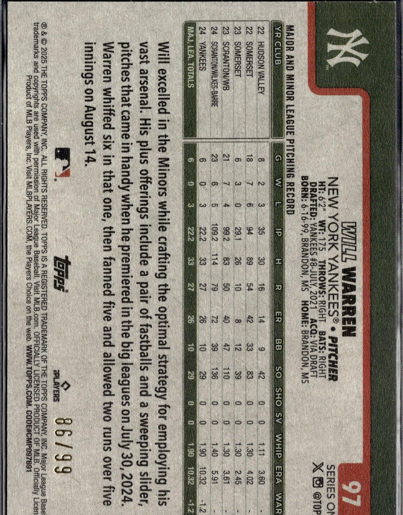 2025 Topps #97 Will Warren Vintage Stock #/99-2
