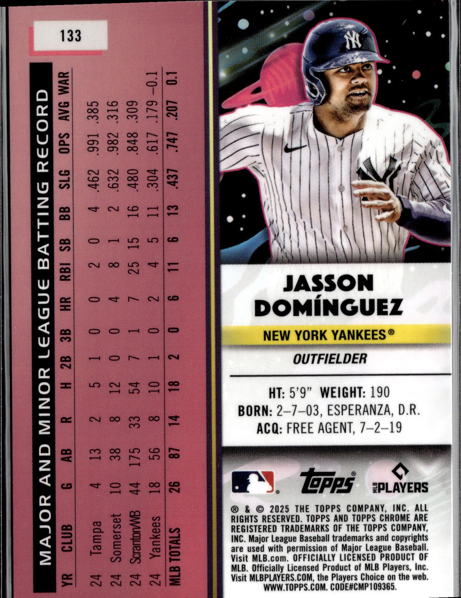 2025 Topps Chrome Cosmic #133 Jasson Domínguez Orange Galactic Refractor #/25-2