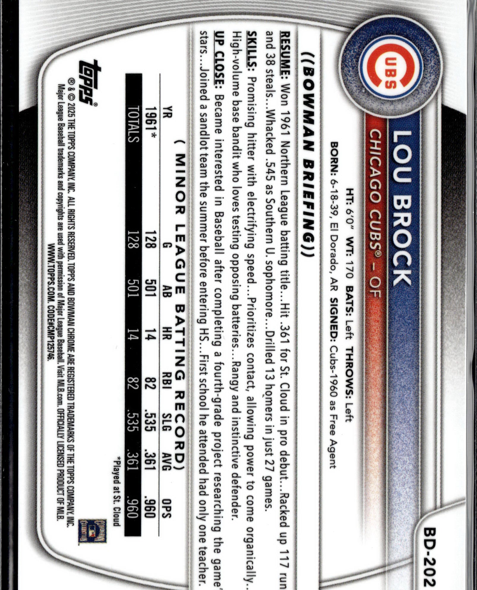 2025 Bowman Draft #BD-202 Lou Brock Chrome Orange Refractor #/25