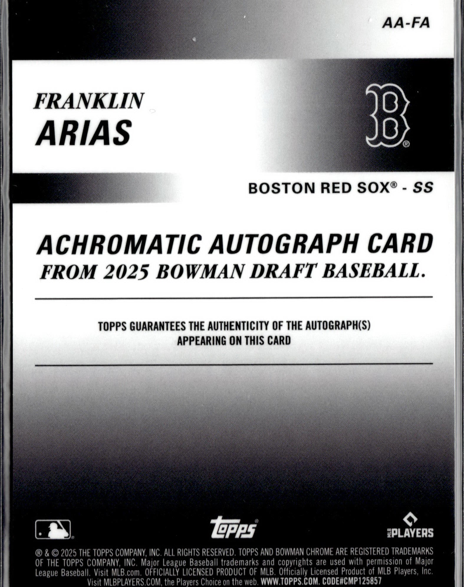 2025 Bowman Draft #AA-FA Franklin Arias Achrom Auto Green Ref #/99