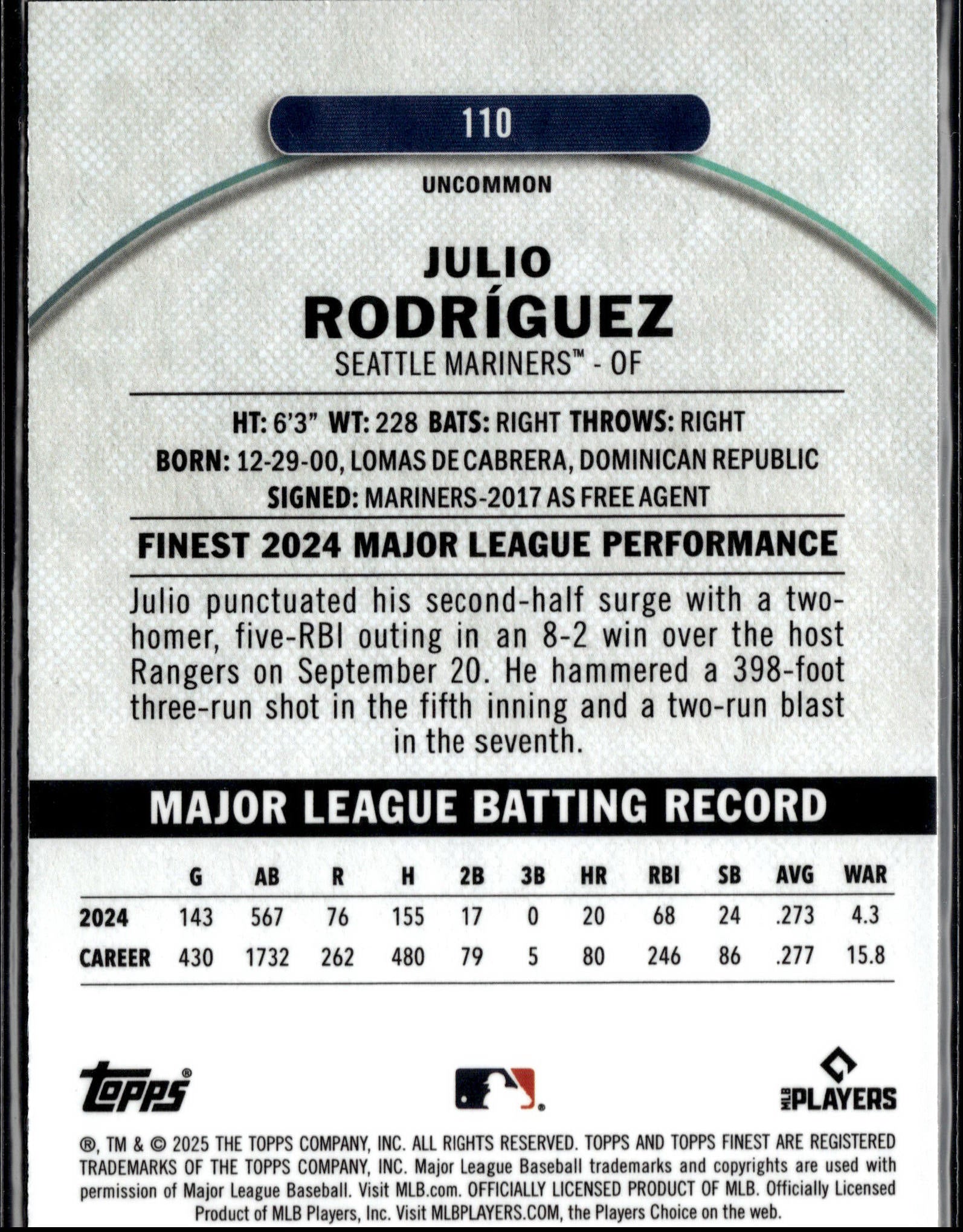 2025 Finest #110 Julio Rodríguez Blue Refractor #/150-2