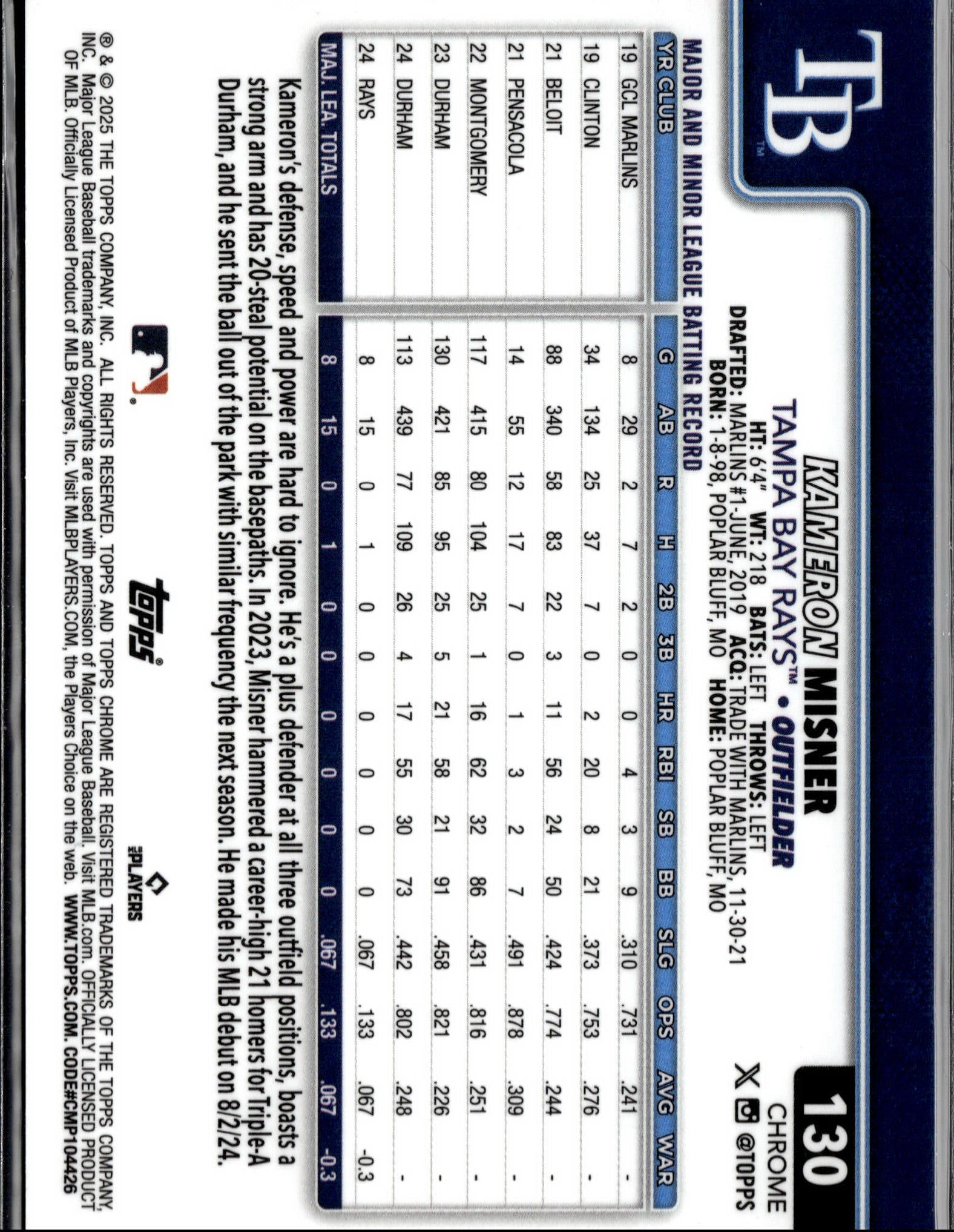 2025 Topps Chrome #130 Kameron Misner Gold Raywave Refractors #/50