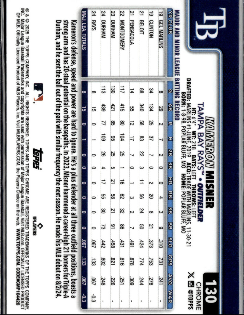 2025 Topps Chrome #130 Kameron Misner Gold Raywave Refractors #/50-2