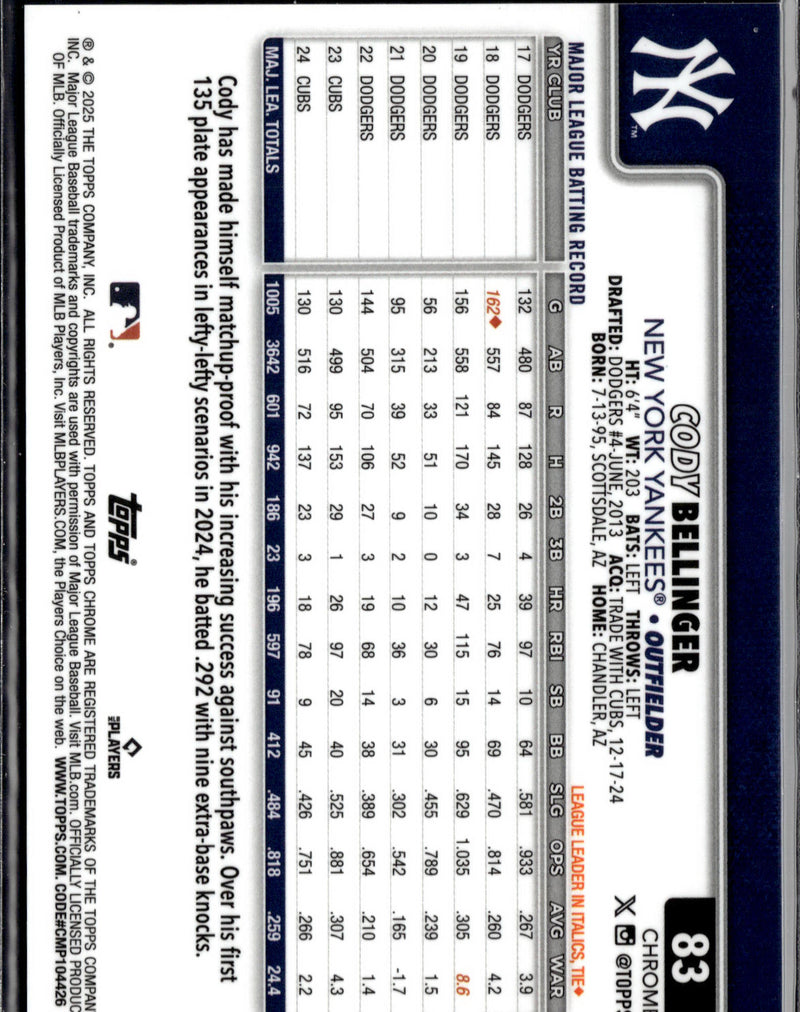 2025 Topps Chrome Sapphire Edition #83 Cody Bellinger Gold #/50-2