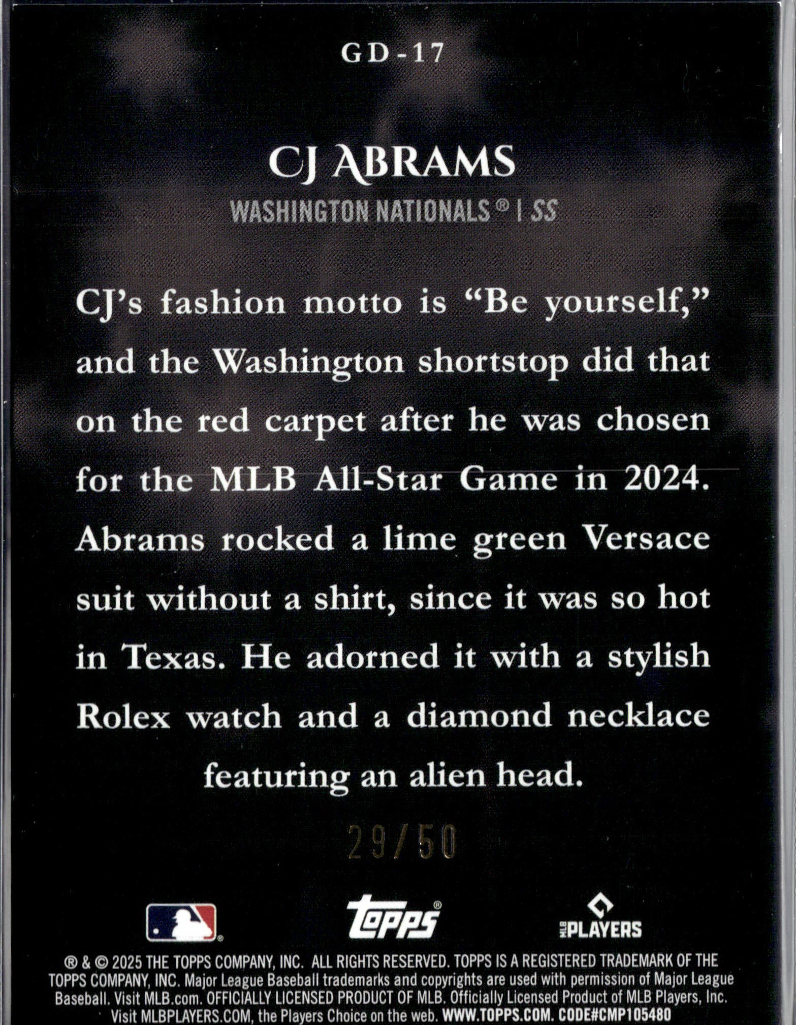 2025 Topps #GD-17 CJ Abrams Gameday Drip Gold #/50-2