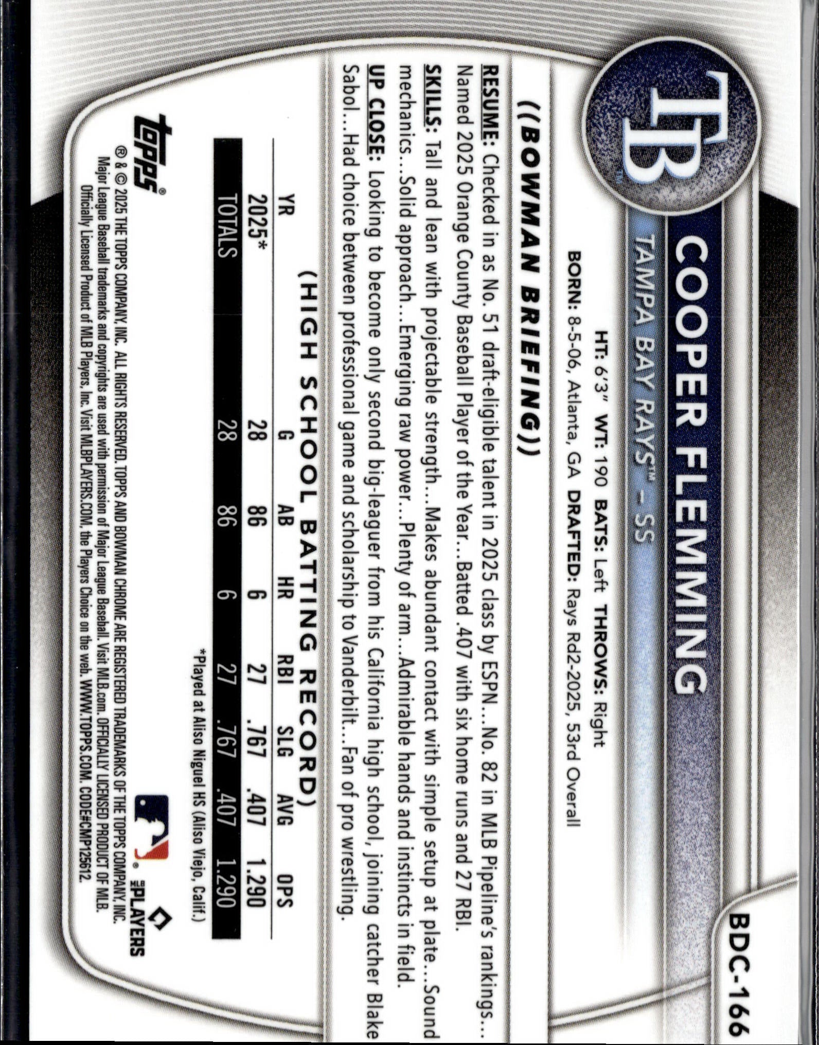 2025 Bowman Draft #BD-166 Cooper Flemming Gold Border #/50-2