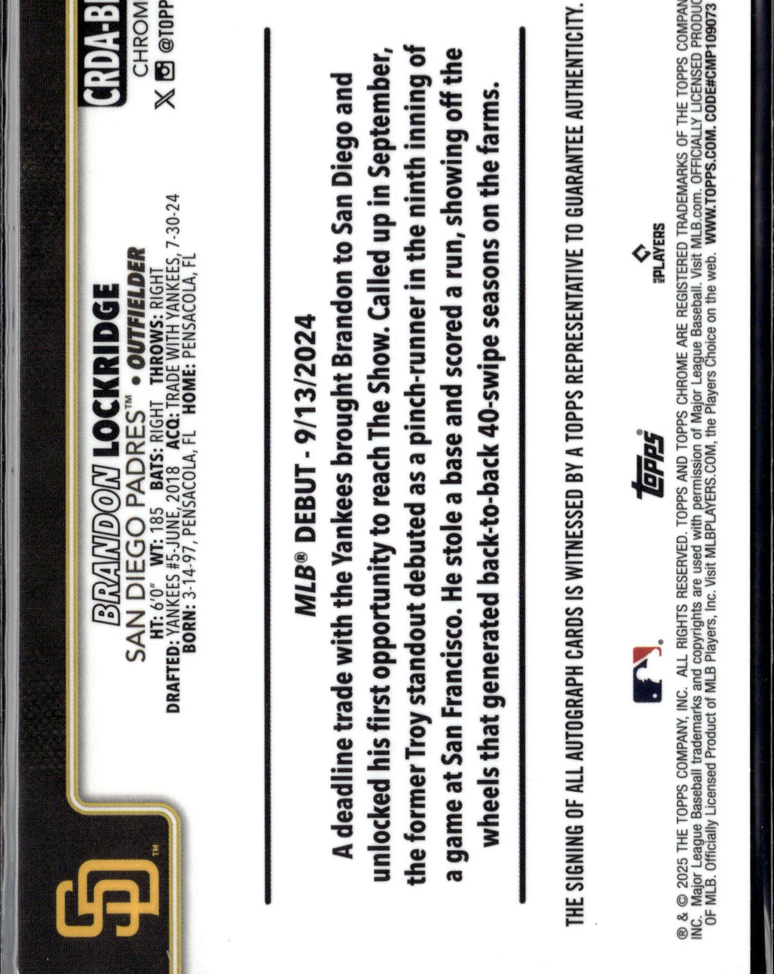 2025 Topps Chrome #RA-BLO Brandon Lockridge Rookie Auto Gold Refractors #/50