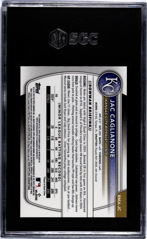 2025 Bowman #BMA-JC Jac Caglianone Chrome Prospect Auto Mojo Refractor SGC 9.5