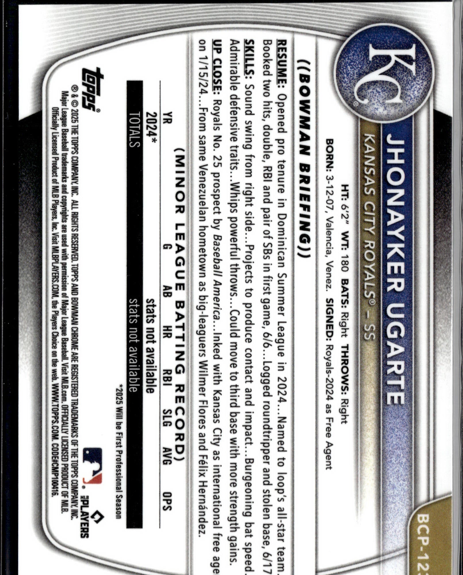 2025 Bowman #BCP-123 Jhonayker Ugarte Chrome Prosp Rept Gold /50