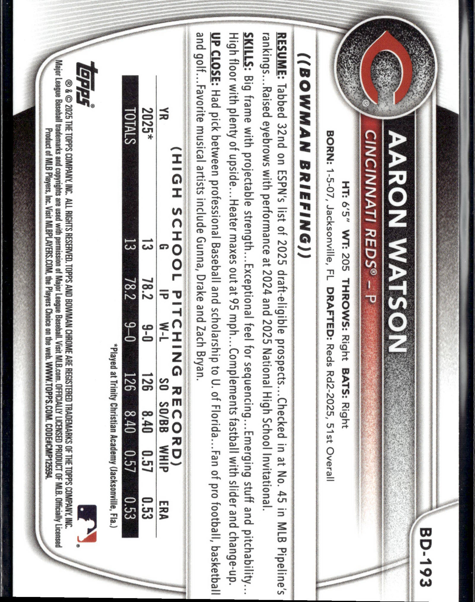 2025 Bowman Draft #BD-193 Aaron Watson Green #/199-2