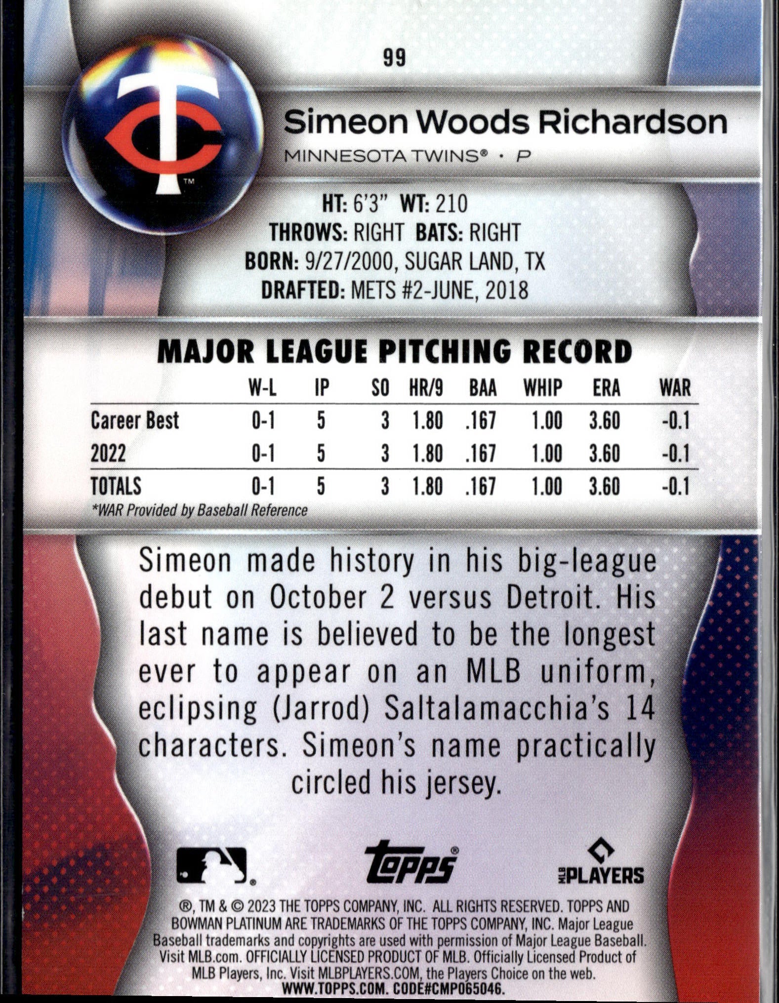 2023 Bowman Platinum #99 Simeon Woods Richardson Emerald Ice Foil #/299