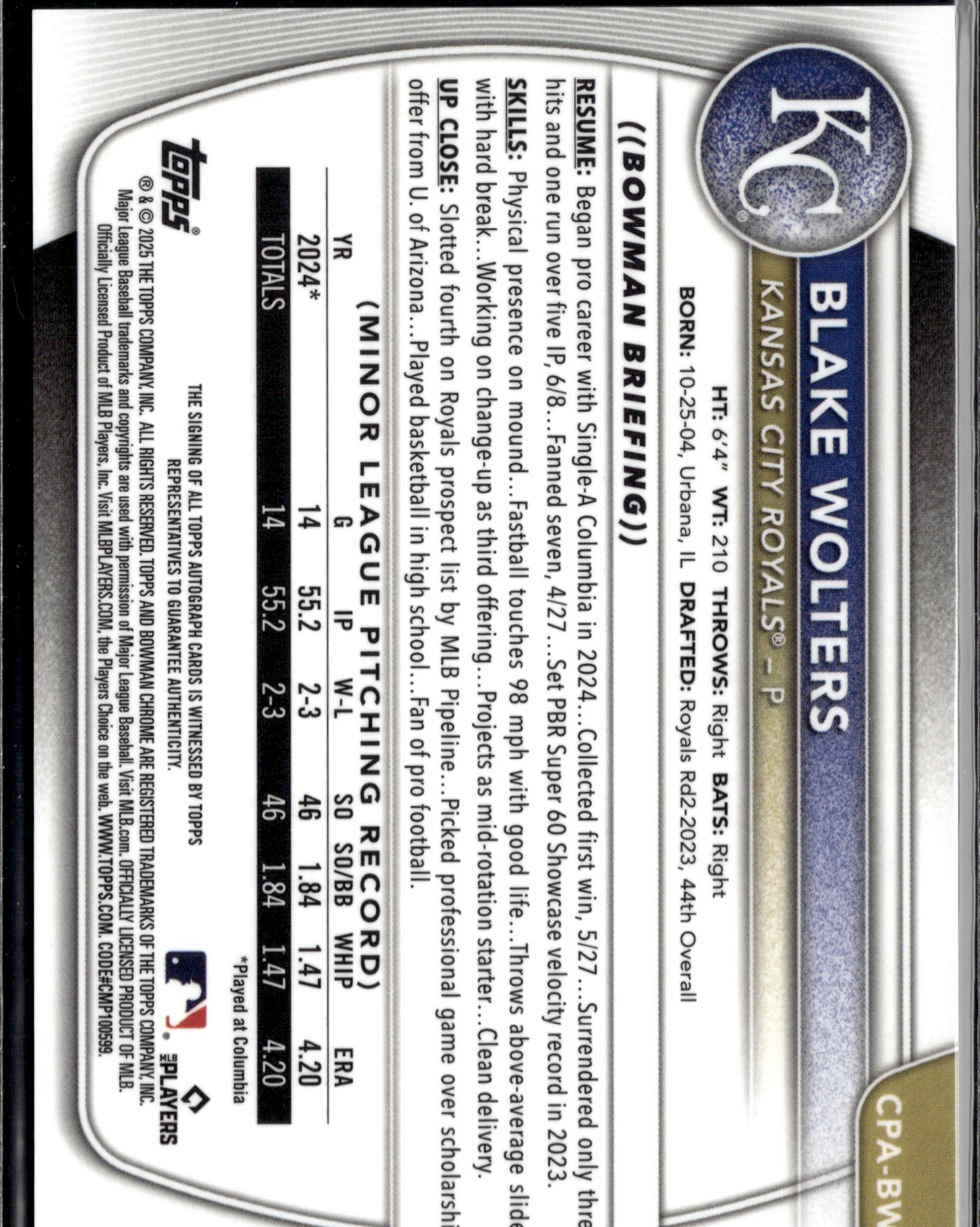 2025 Bowman Chrome #CPA-BW Blake Wolters Prospect Autographs Blue #/150