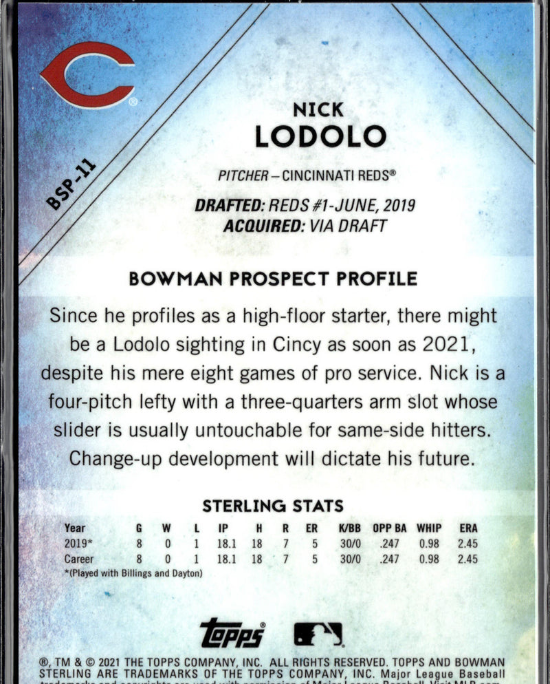 2021 Bowman Sterling #BSP-11 Nick Lodolo Speckle Refractor #/99-2
