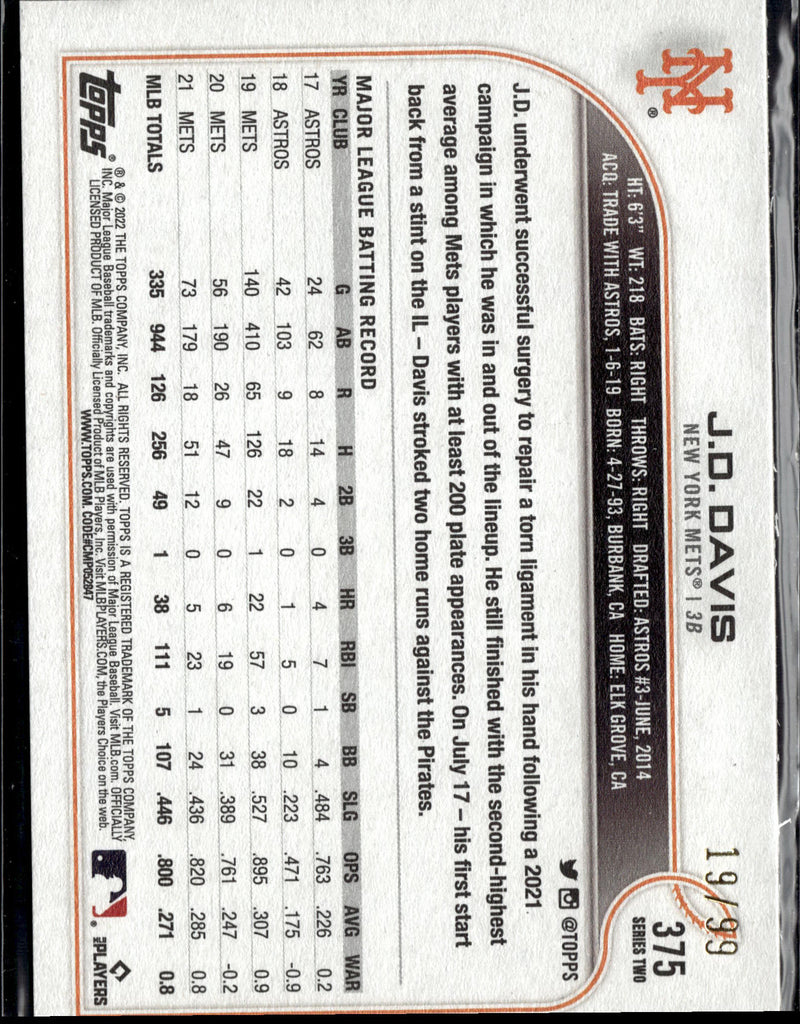 2022 Topps #375 J.D. Davis Vintage Stock Parallel #/99-2