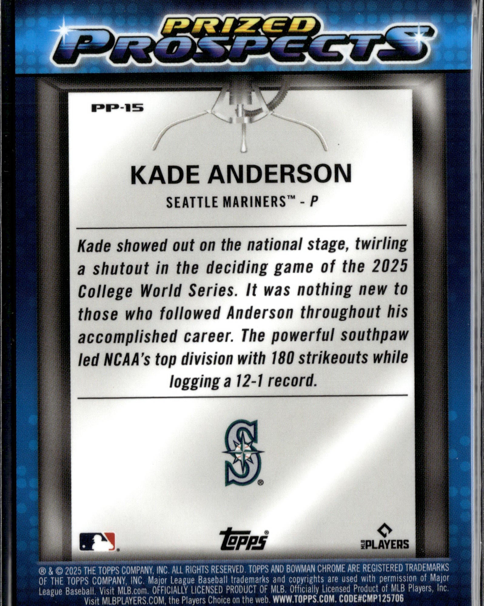 2025 Bowman Draft #PP-15 Kade Anderson Prized Prospects Blue Mojo Refractor #/150