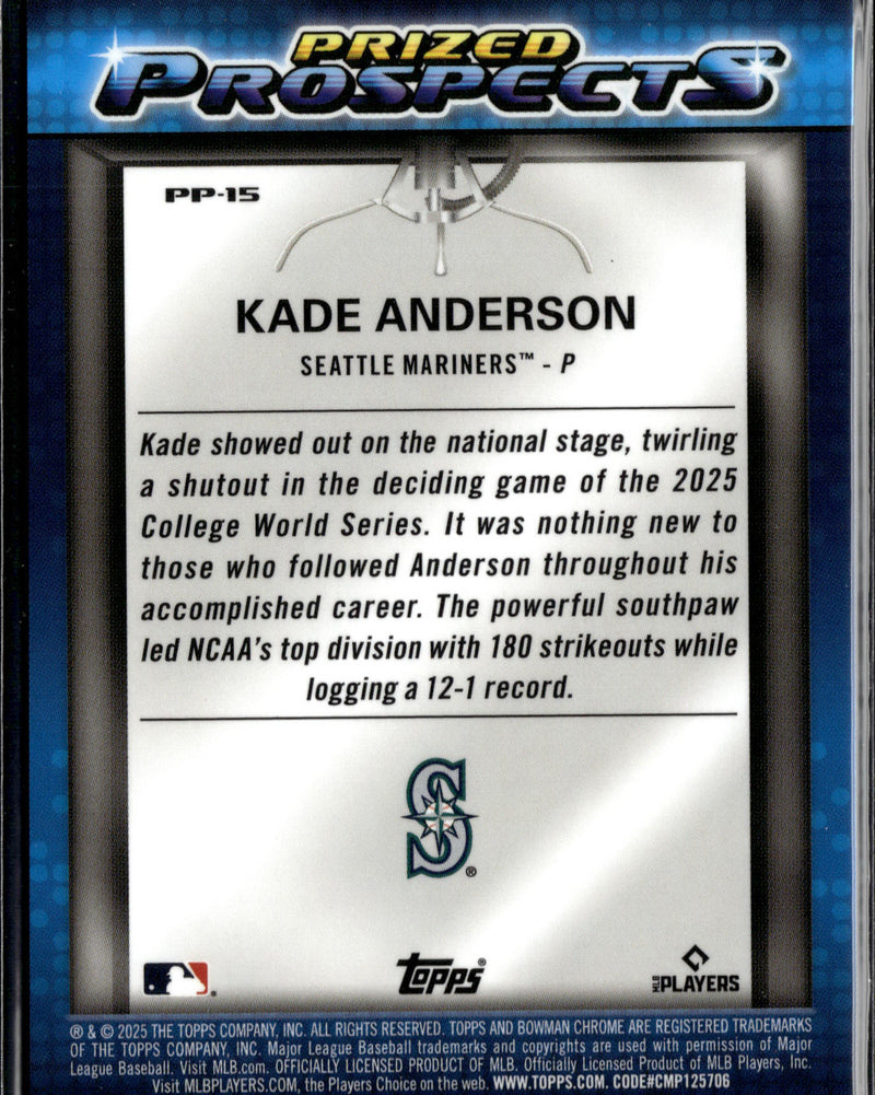2025 Bowman Draft #PP-15 Kade Anderson Prized Prospects Blue Mojo Refractor #/150-2