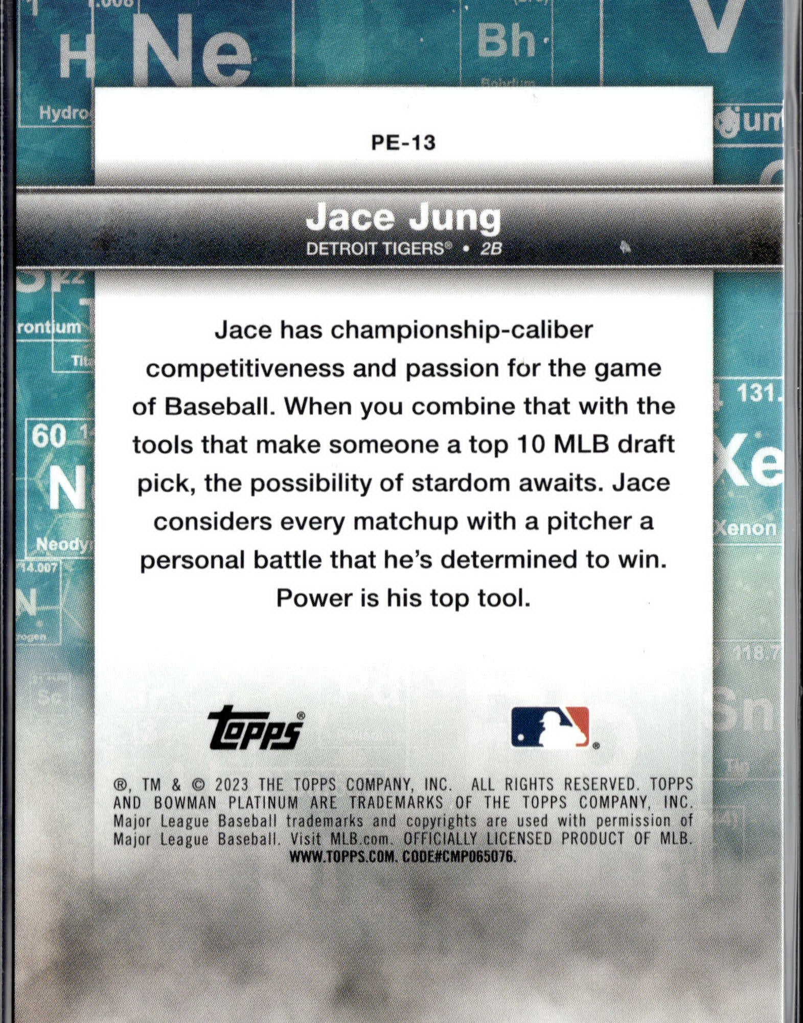 2023 Bowman Platinum #PE-13 Jace Jung Precious Elements Purple #/250