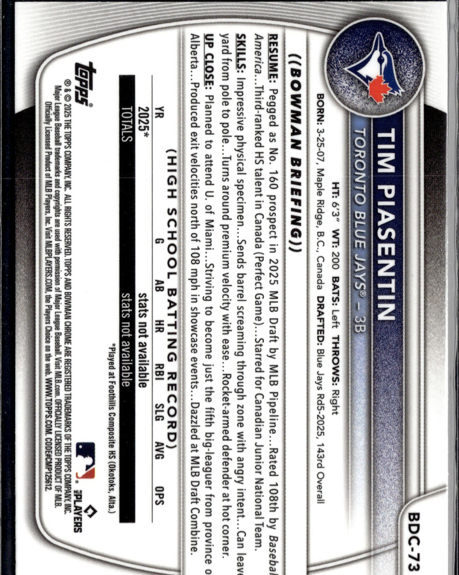 2025 Bowman Draft #BDC-73 Tim Piasentin   Ref #/100