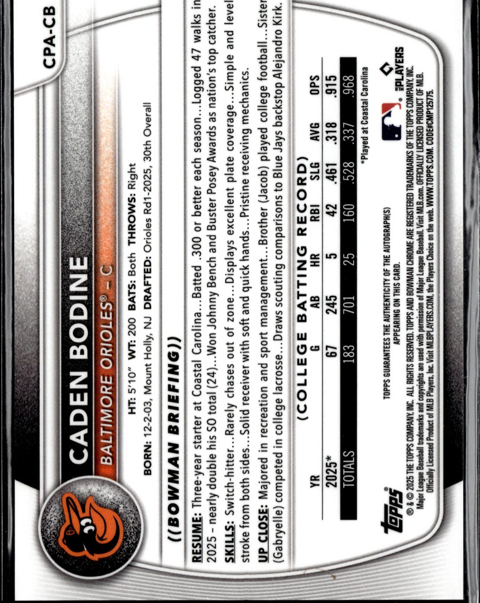 2025 Bowman Draft #CPA-CB Caden Bodine Chrome Prospect Autographs Black Refractor #/10