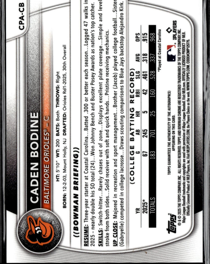 2025 Bowman Draft #CPA-CB Caden Bodine Chrome Prospect Autographs Black Refractor #/10-2