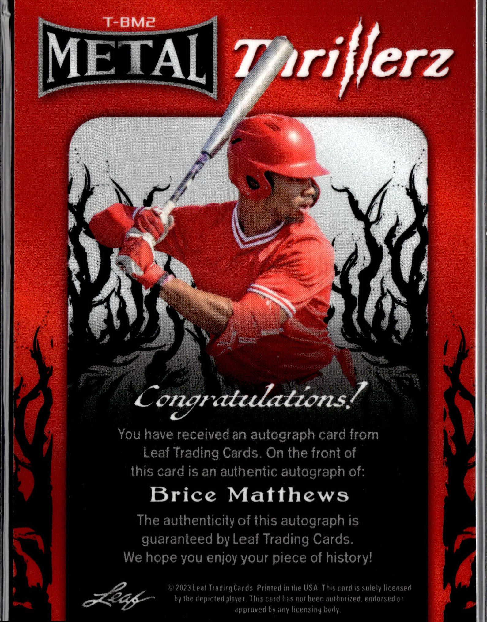 2023 Leaf Metal #T-BM2 Brice Matthews Thrillerz Autographs Pink Pulsar #/5