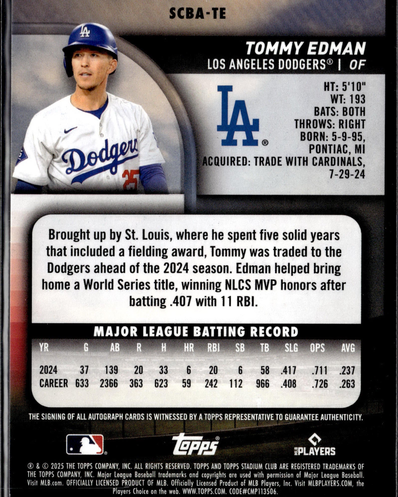 2025 Stadium Club #SCBA-TE Tommy Edman Base Autographs