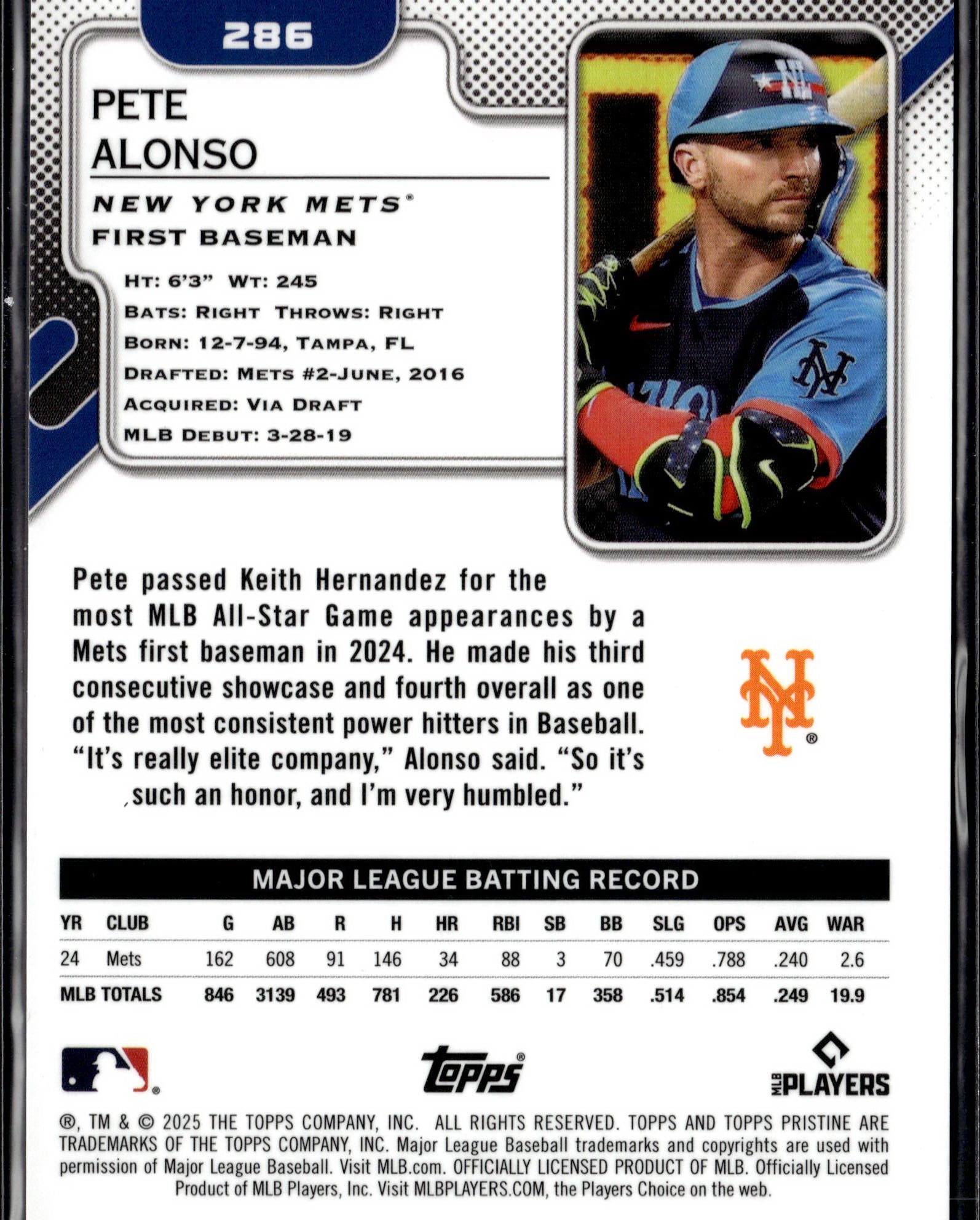 2025 Topps Pristine #286 Pete Alonso Pristine Gold Refractors #/50