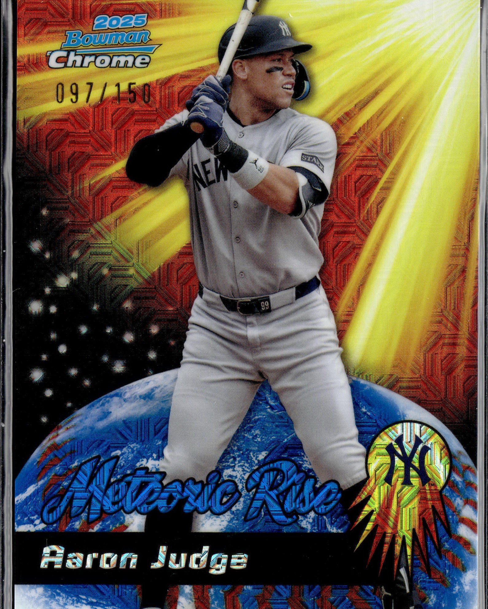 2025 Bowman Chrome #MR-4 Aaron Judge Meteoric Rise Blue Mega Refractor #/150