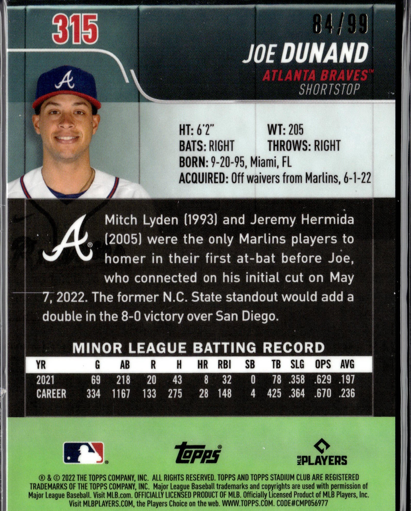 2022 Stadium Club Chrome #315 Joe Dunand Green Refractor RC #/99-2