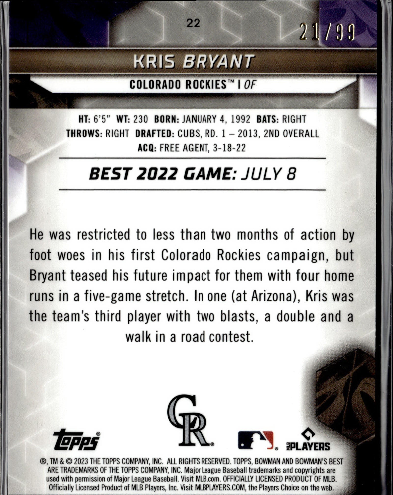 2023 Bowman's Best #22 Kris Bryant Green Refractors #/99-2