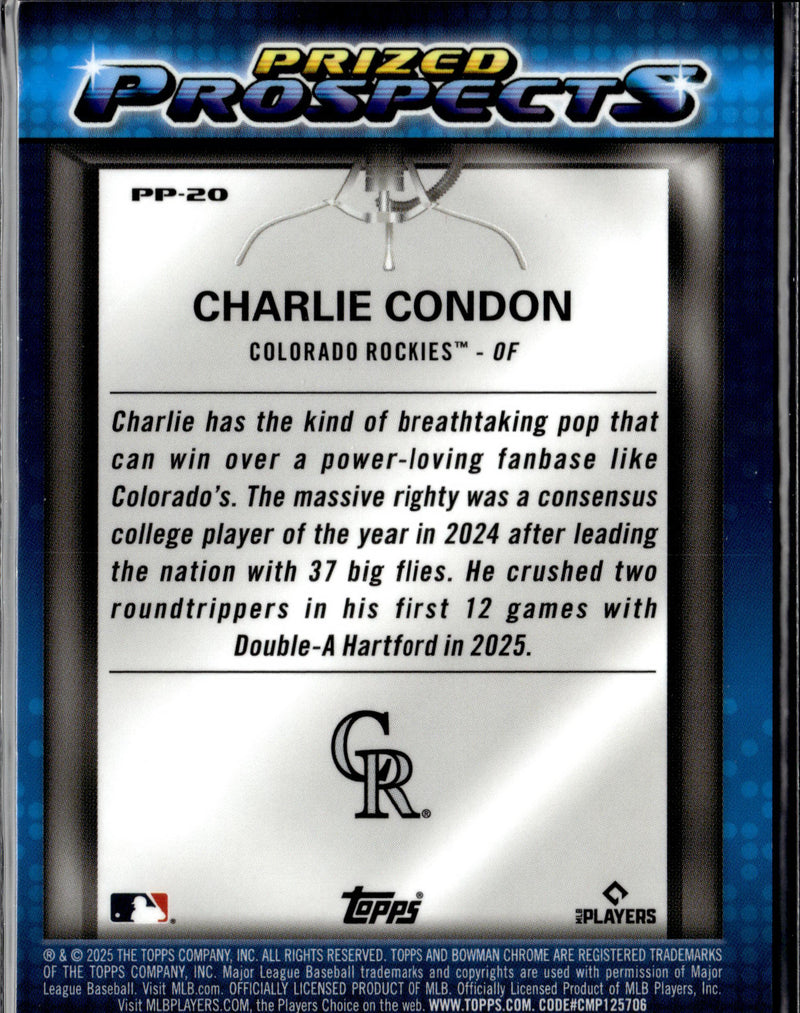 2025 Bowman Draft #PP-20 Charlie Condon Prized Prospects Green Refractor #/99-2