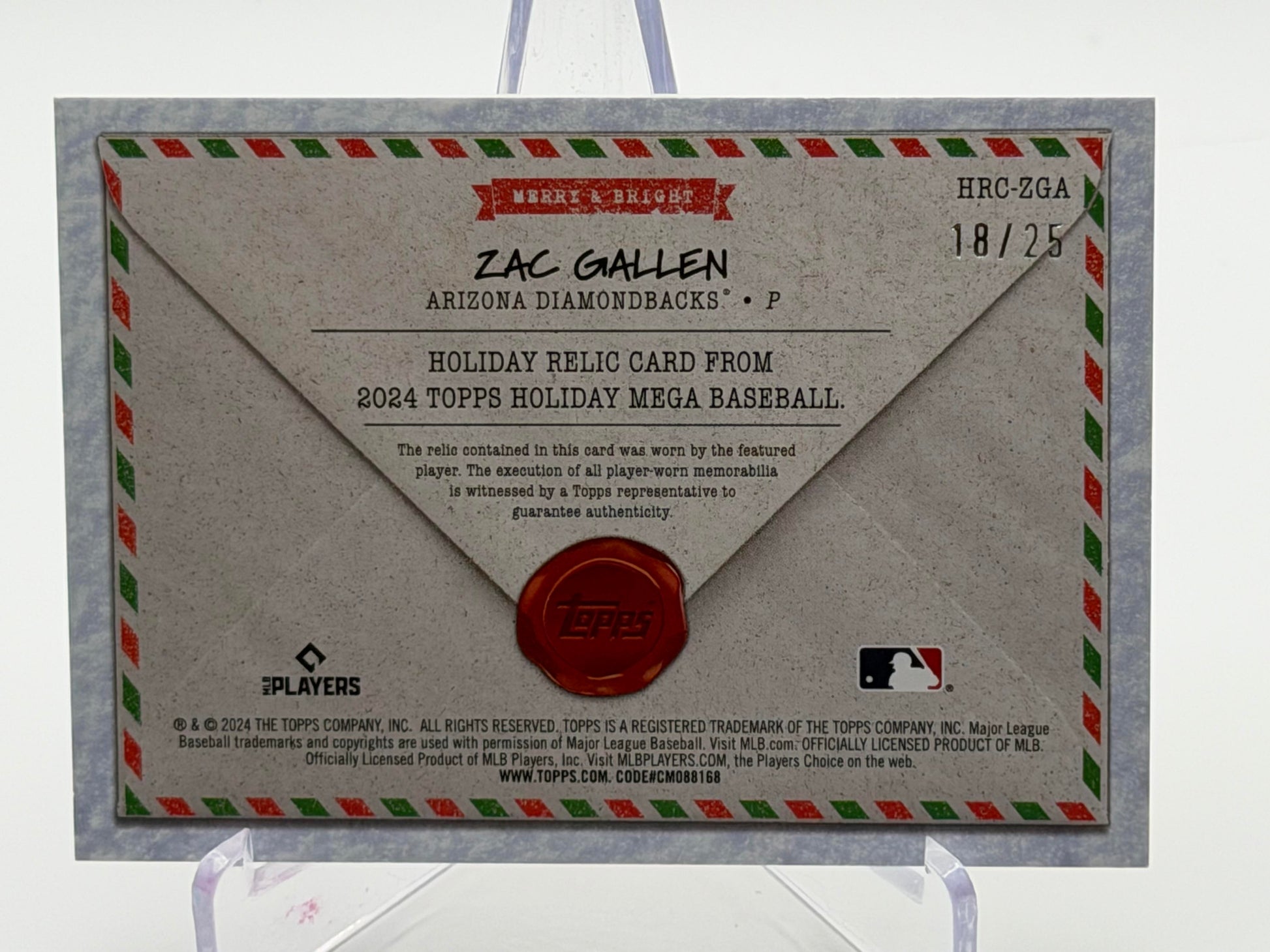 2024 Topps Holiday #HRC-ZGA Zac Gallen Holiday Relics Glitter #/25-2