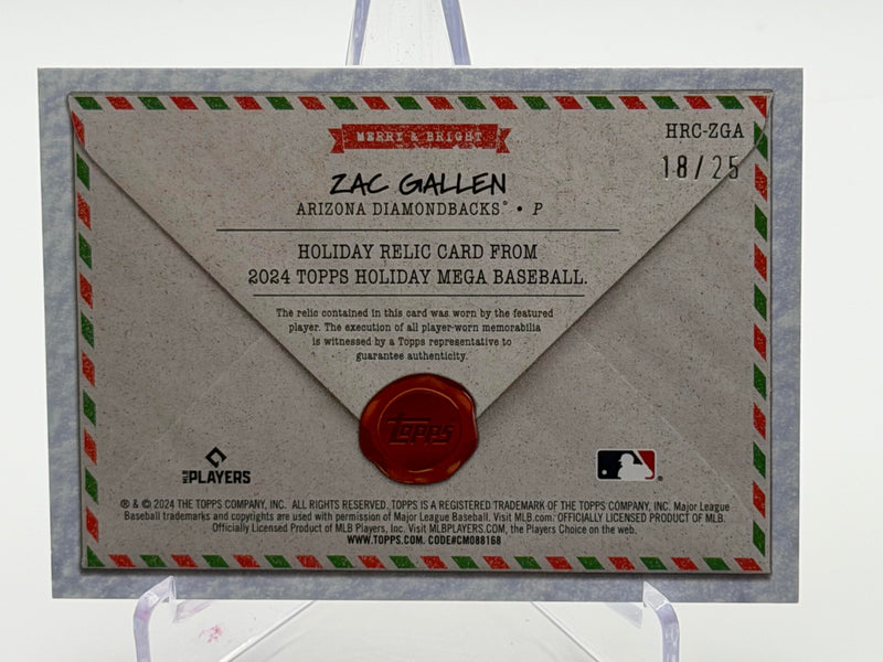 2024 Topps Holiday #HRC-ZGA Zac Gallen Holiday Relics Glitter #/25-2
