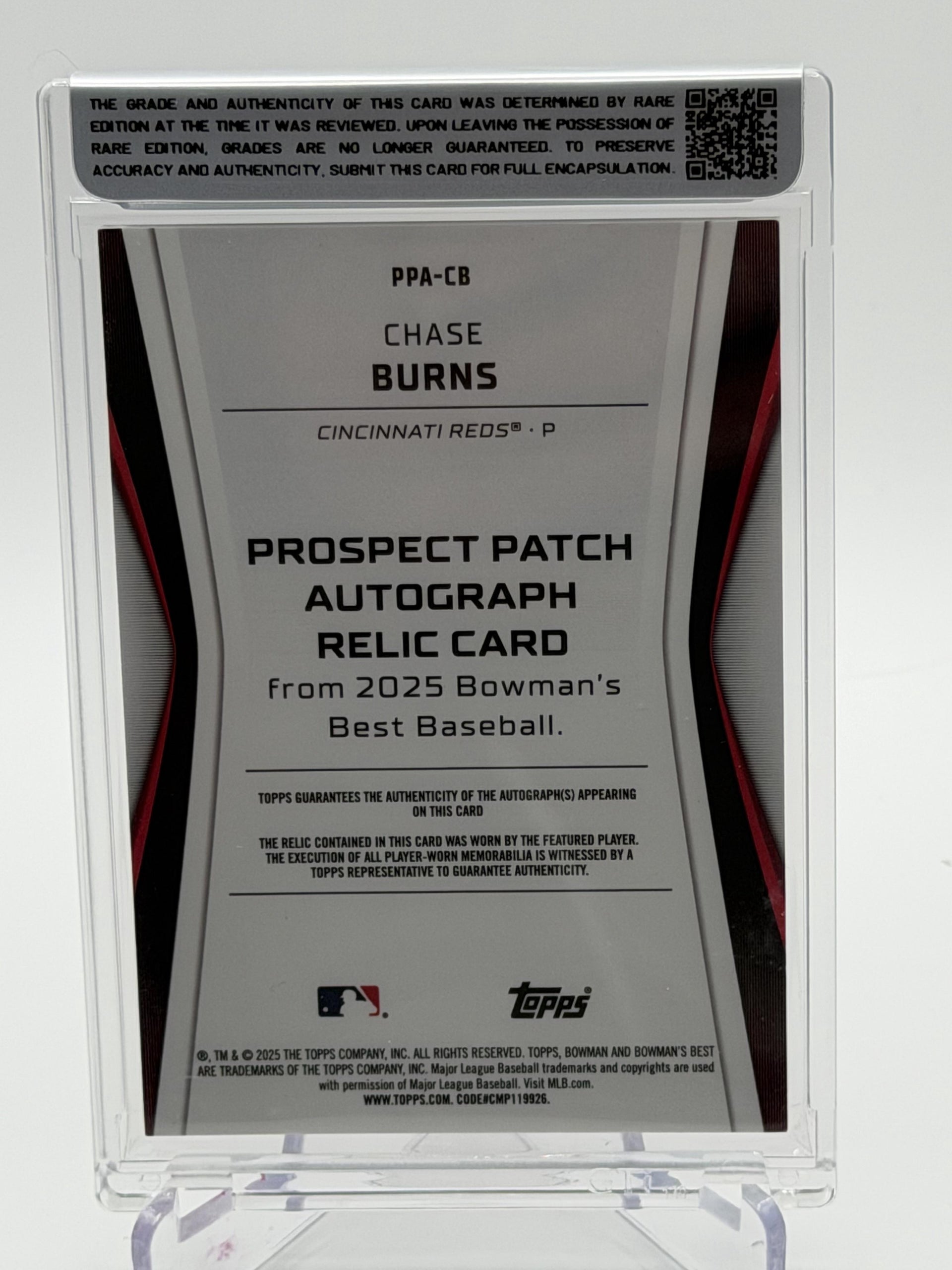2025 Bowman's Best #PPA-CB Chase Burns Prospect Patch Auto Red Refractor #/5 — Unique Patch (1/1)