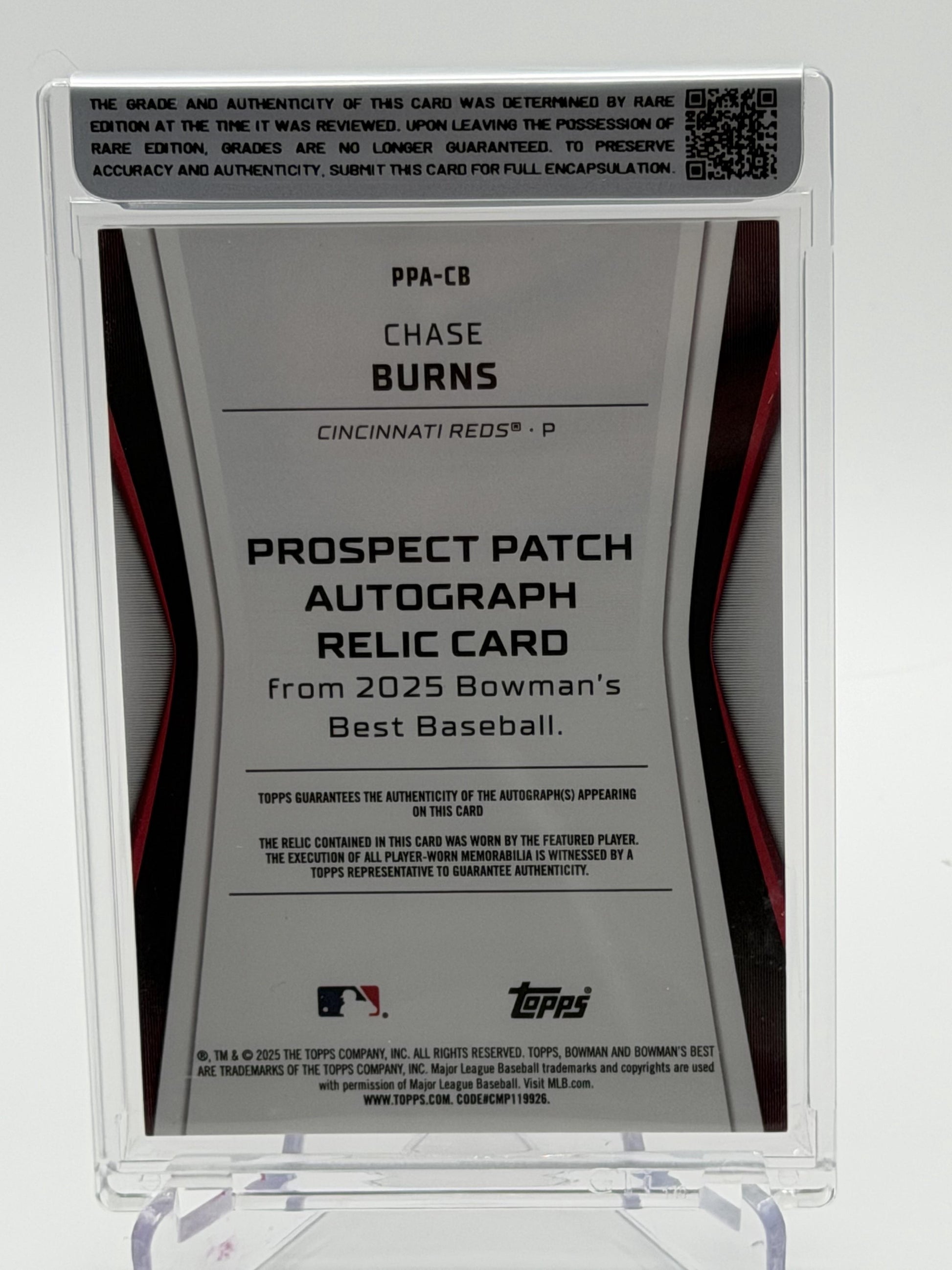 2025 Bowman's Best #PPA-CB Chase Burns Prospect Patch Auto Red Refractor #/5 — Unique Patch (1/1)-2