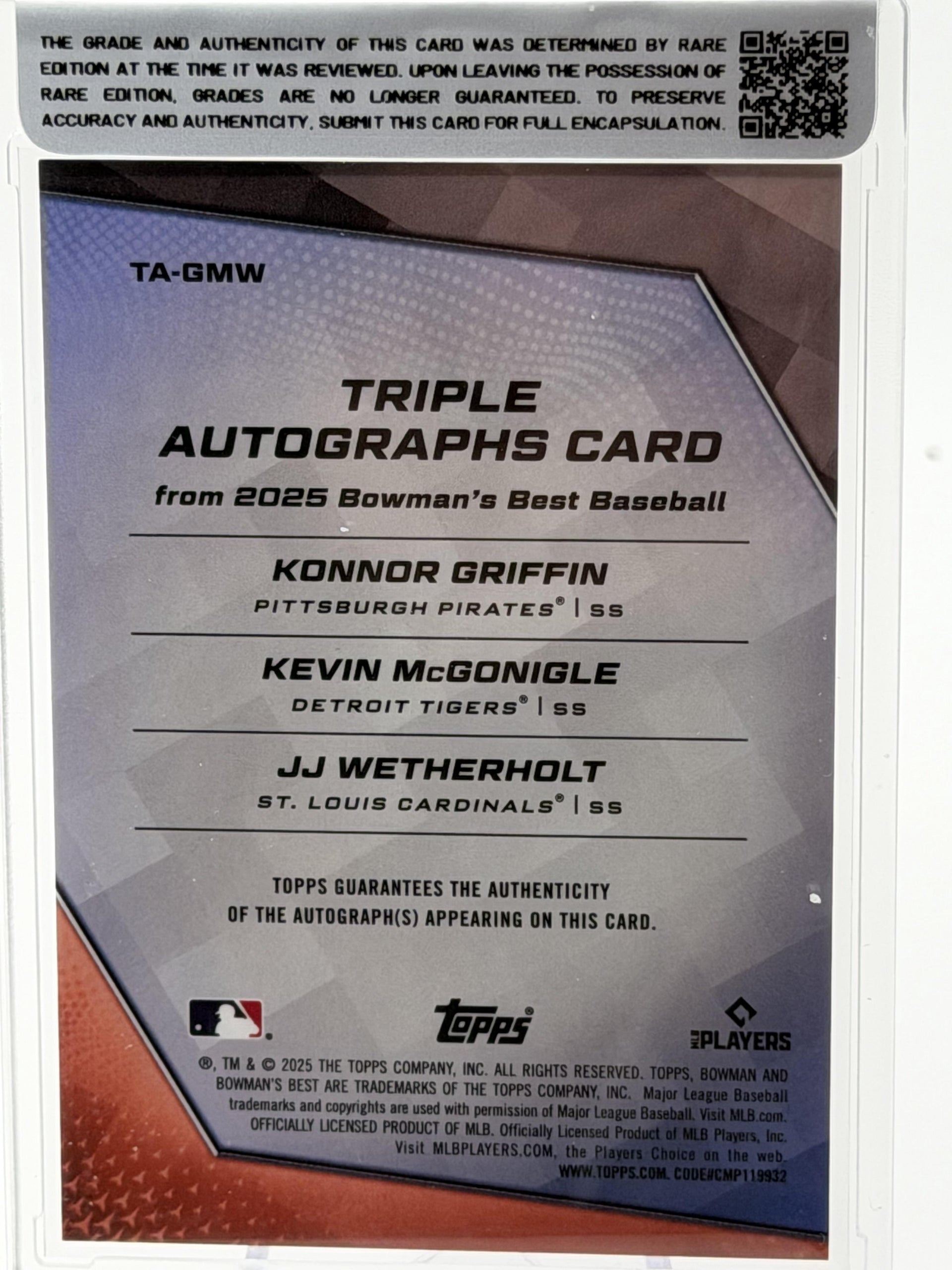 2025 Bowman's Best #TA-GMW McGonigle / Wetherholt / Griffin Triple Auto Orange Refractor /25