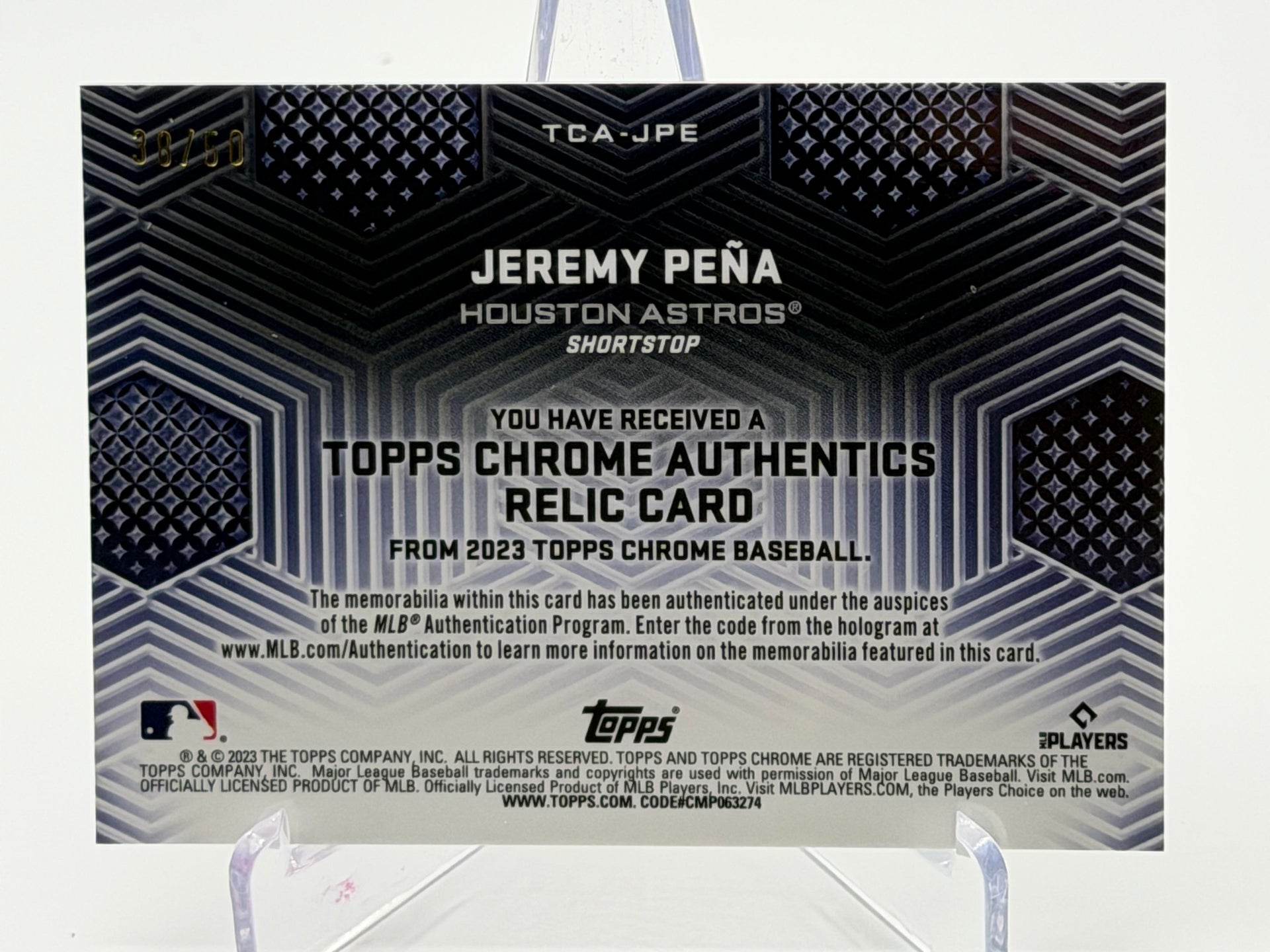 2023 Topps Chrome #TCA-JPE Jeremy Peña Authentics Relics Gold Refractor #/50