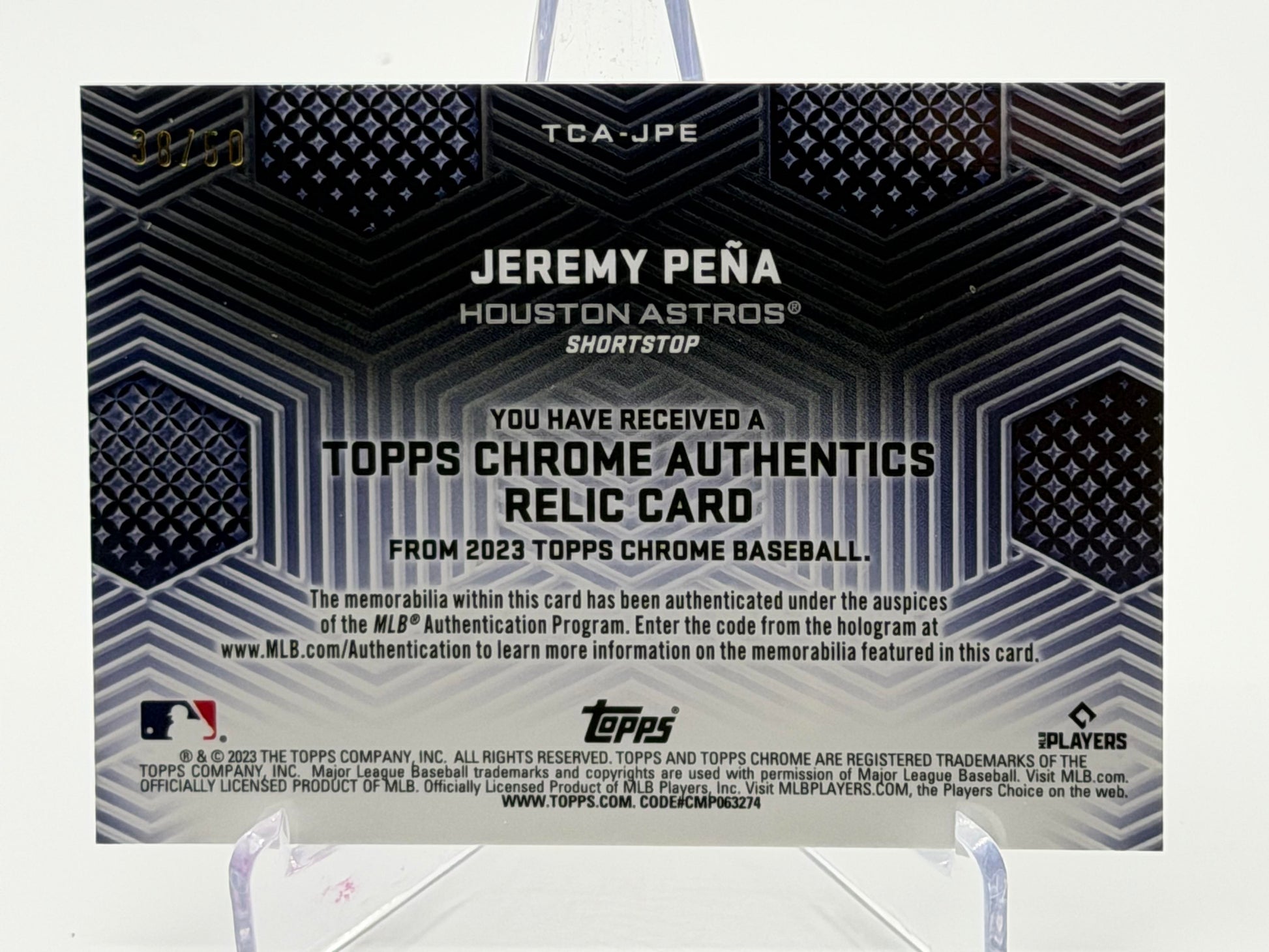 2023 Topps Chrome #TCA-JPE Jeremy Peña Authentics Relics Gold Refractor #/50-2
