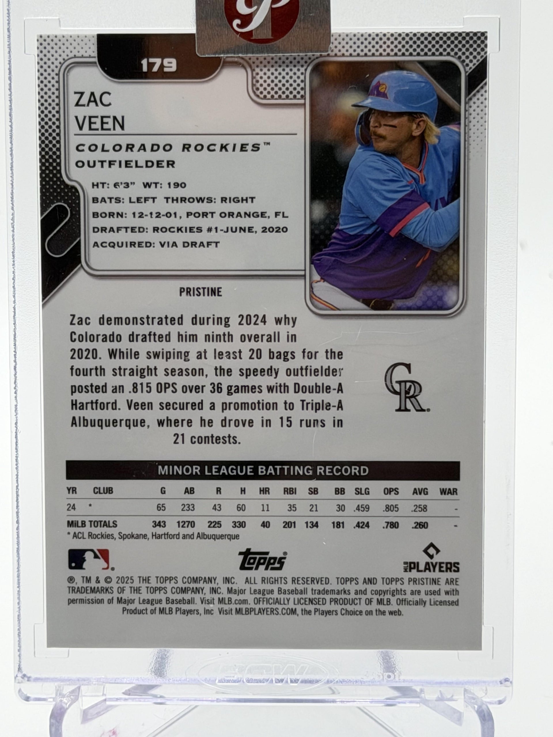 2025 Topps Pristine #179 Zac Veen Pristine Pink Refractors #/15