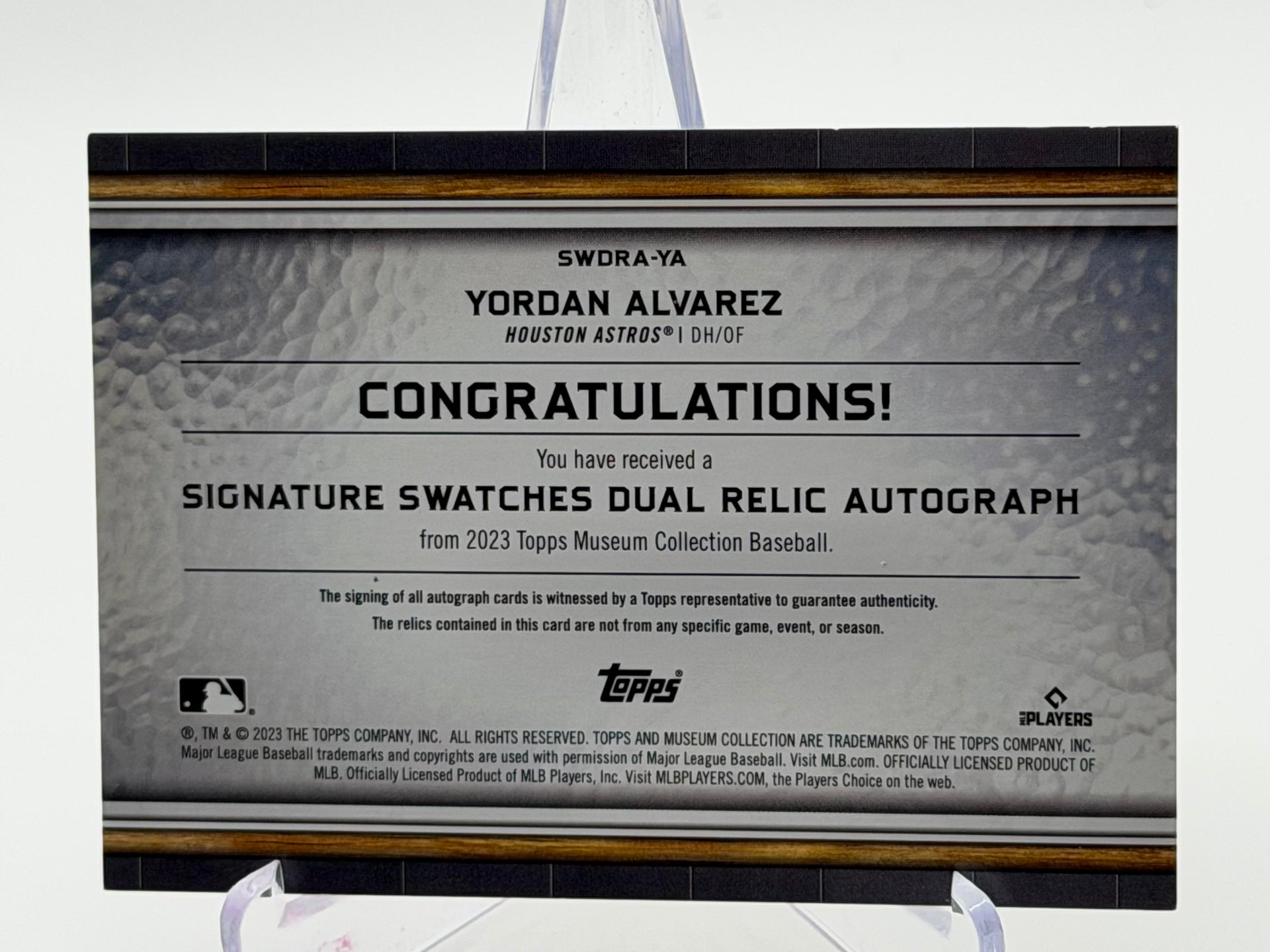 2023 Topps Museum #SWDRA-YA Yordan Alvarez Sign  Dual Relic Auto Copper #/50
