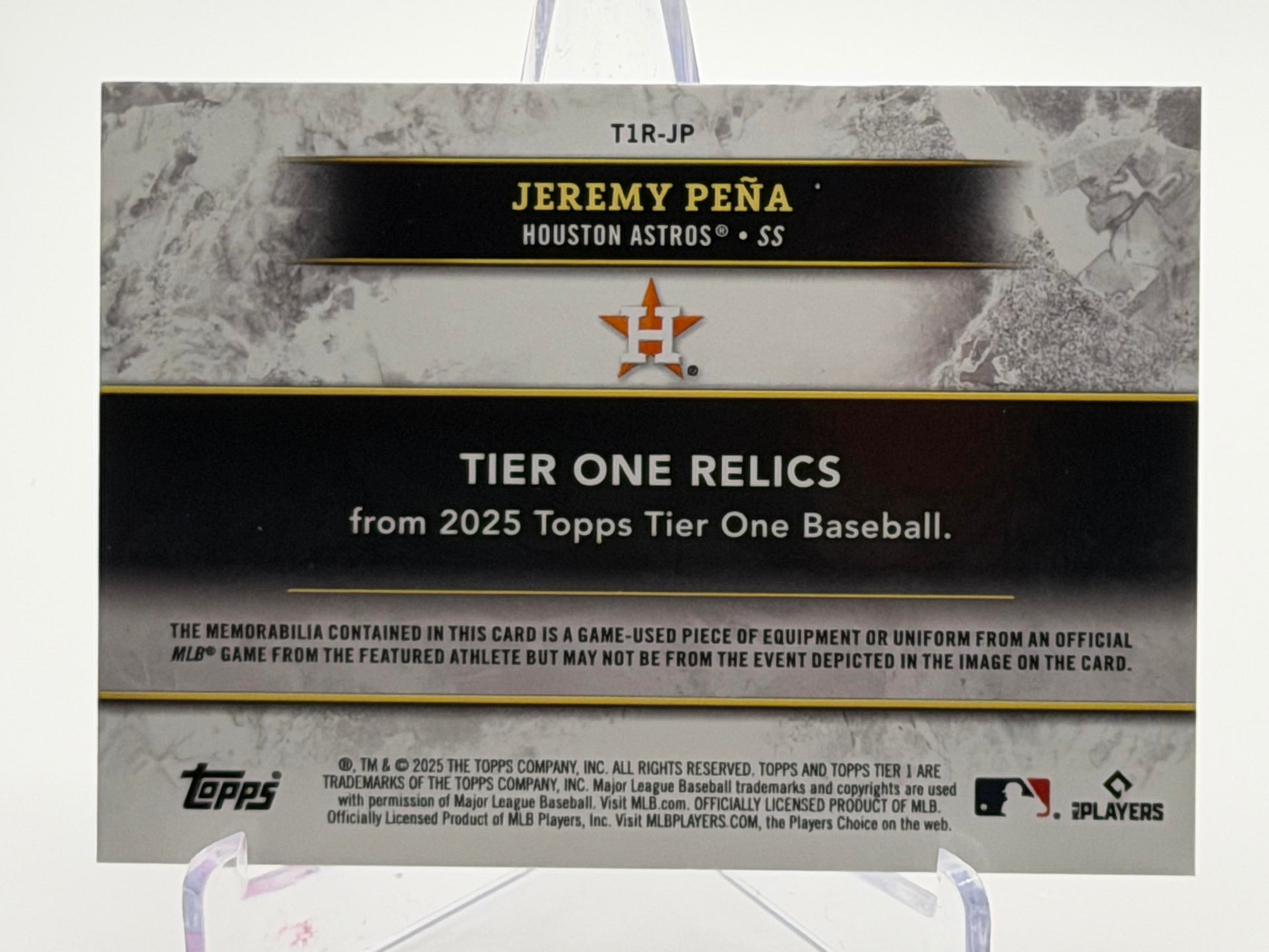 2025 Topps Tier One #T1R-JP Jeremy Peña Tier One Relics Purple Foil #/149