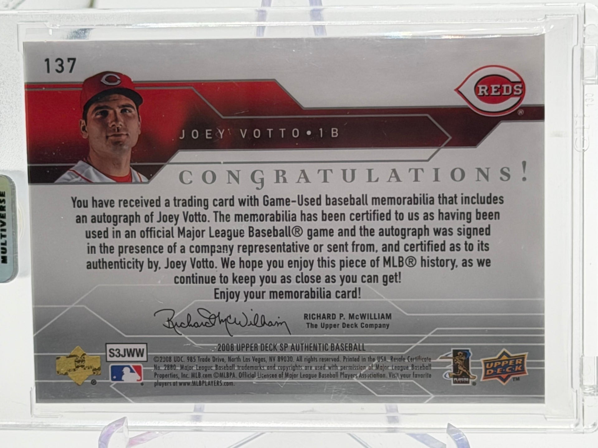 2008 SP Authentic #137 Joey Votto Autograph Memorabilia RC #/999