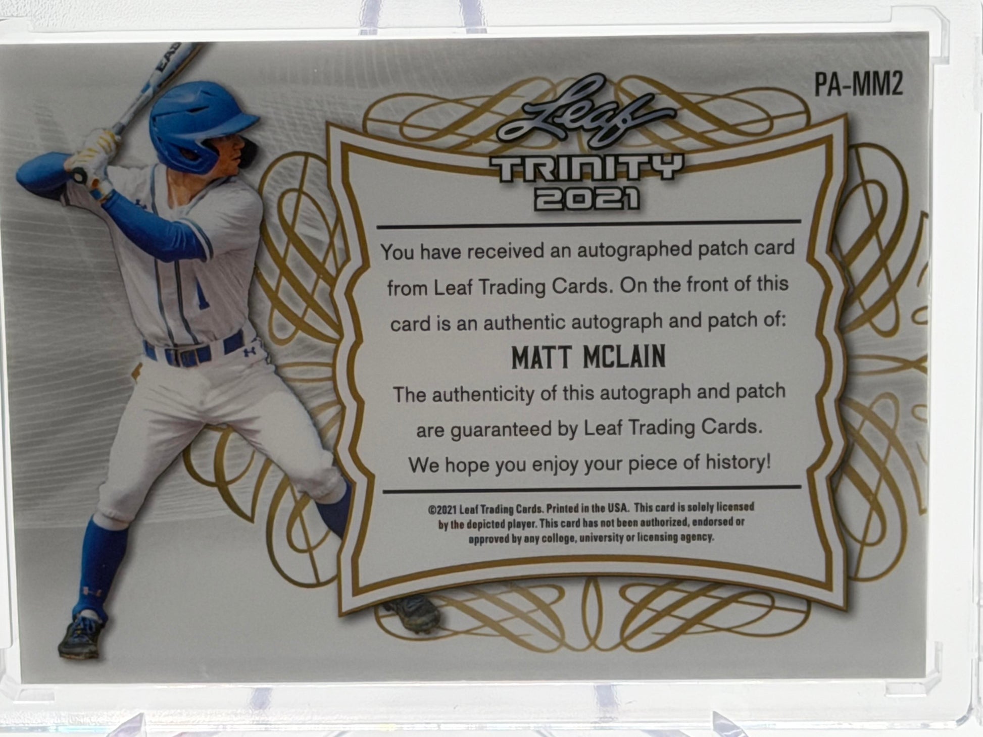 2021 Leaf Trinity #PA-MM2 Matt McLain Patch Autographs Red Auto Patch #/50-4