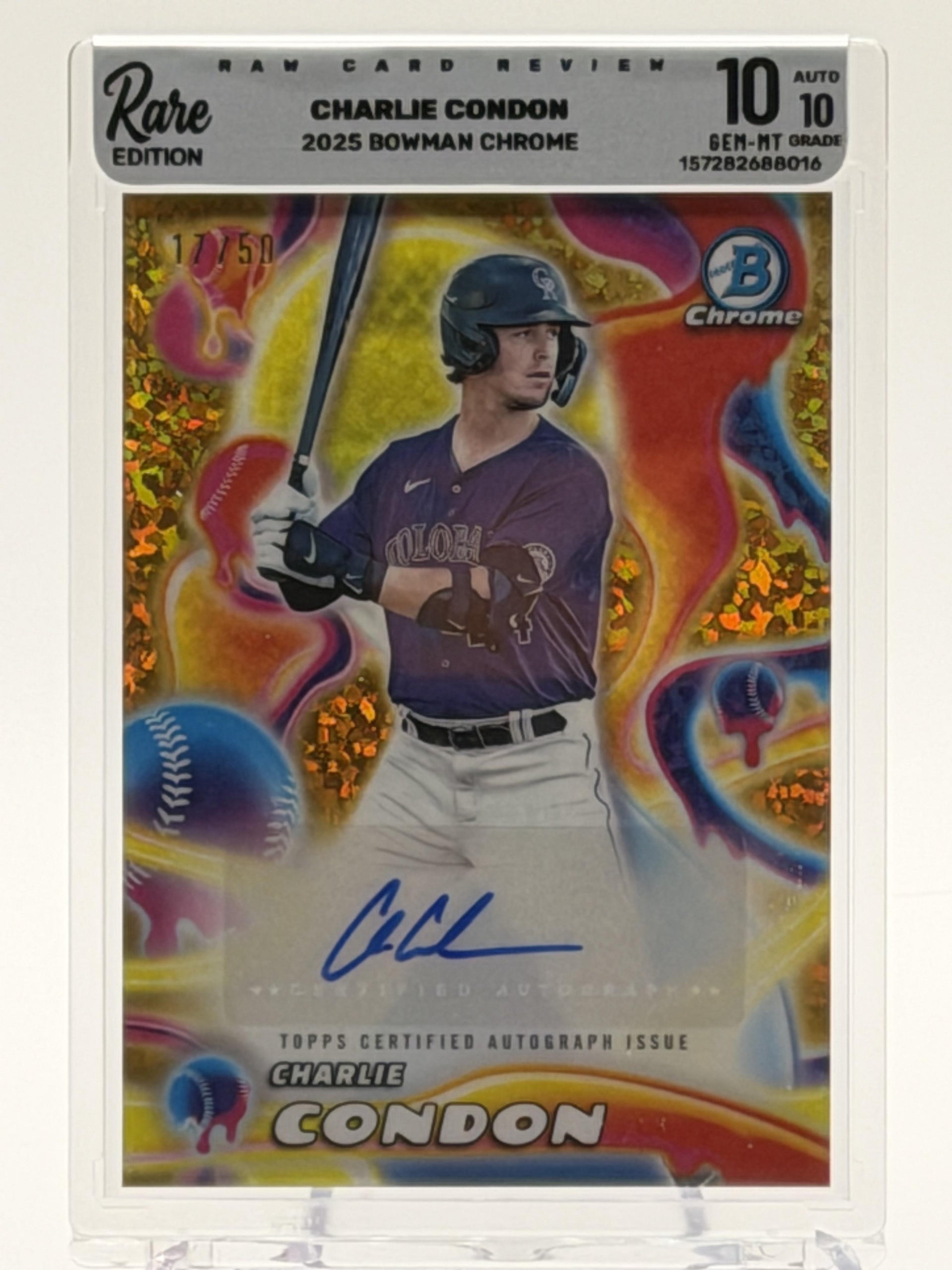 2025 Bowman Chrome #MMA-CC Charlie Condon Melt Mashers Autographs Gold Mini-Diamond #/50