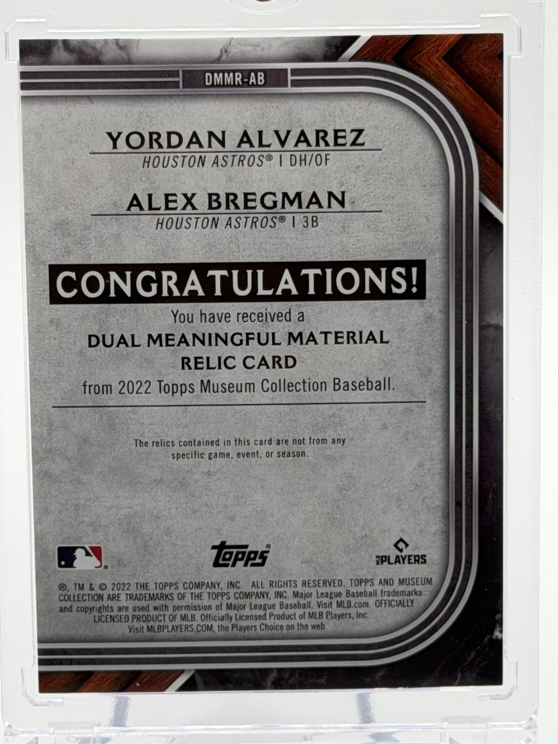 2022 Topps Museum #DMMR-AB Yordan Alvarez / Alex Bregman Dual Material #/50