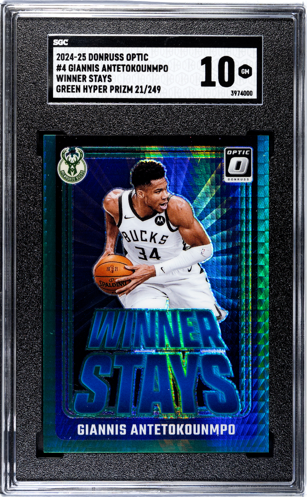 2024-25 Donruss Optic Giannis Antetokounmpo Winner Stays Green Hyper /249 SGC 10-1